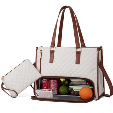 Fashionable Women's Thermal Lunch & Computer Storage Bag with food and drinks inside, including fruits and a small pouch.