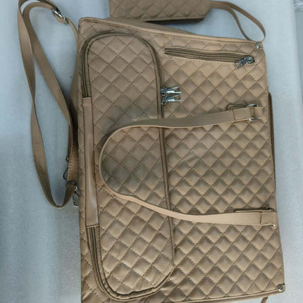 Fashionable Women's Thermal Lunch & Computer Storage Bag in beige color with multiple compartments and adjustable strap.