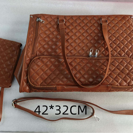 Fashionable Women's Thermal Lunch & Computer Storage Bag in brown quilted design with accessories, dimensions 42x32CM.