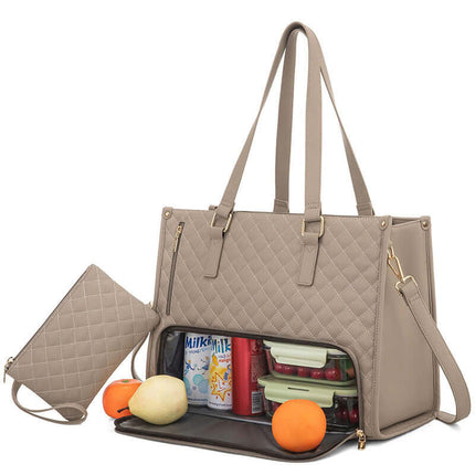 Fashionable Women's Thermal Lunch & Computer Storage Bag with food and snacks organized inside.