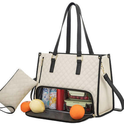 Fashionable Women's Thermal Lunch & Computer Storage Bag with organized compartments and fruits displayed.