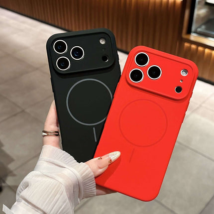 Fine Circle Magnetic Liquid Silicone Phone Case in black and red, showcasing a modern design with magnetic features.