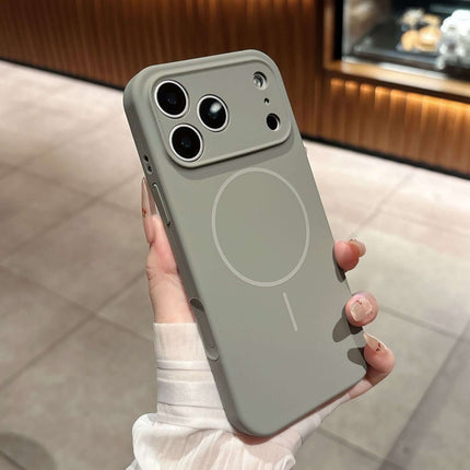 Fine Circle Magnetic Liquid Silicone Phone Case held in hand, showcasing its sleek design and magnetic feature.