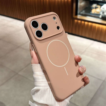 Fine Circle Magnetic Liquid Silicone Phone Case held in hand, showcasing its sleek design and magnetic feature.