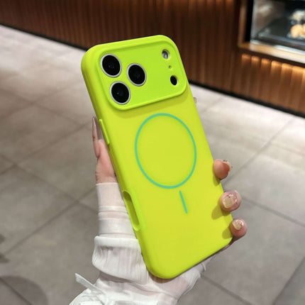 Fine Circle Magnetic Liquid Silicone Phone Case in vibrant neon yellow with design features for smartphone protection.