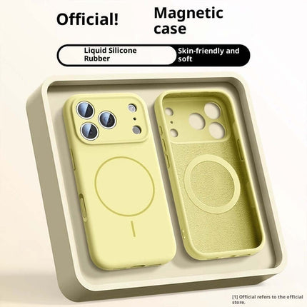 Fine Circle Magnetic Liquid Silicone Phone Case in yellow with magnetic feature, showcasing its skin-friendly and soft material.