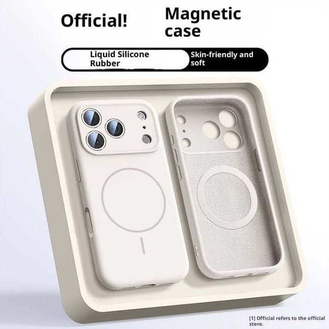 Fine Circle Magnetic Liquid Silicone Phone Case displayed in formal packaging, highlighting its skin-friendly and soft features.