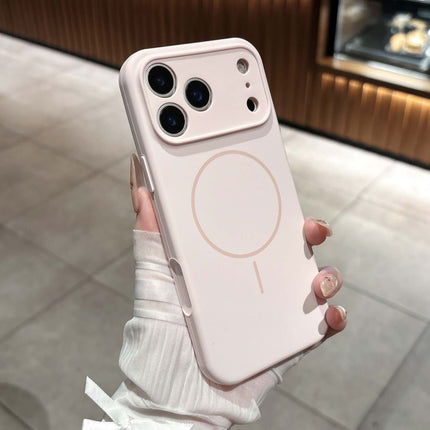 Fine Circle Magnetic Liquid Silicone Phone Case in soft pink color, held in hand, showcasing its sleek design and magnetic feature.