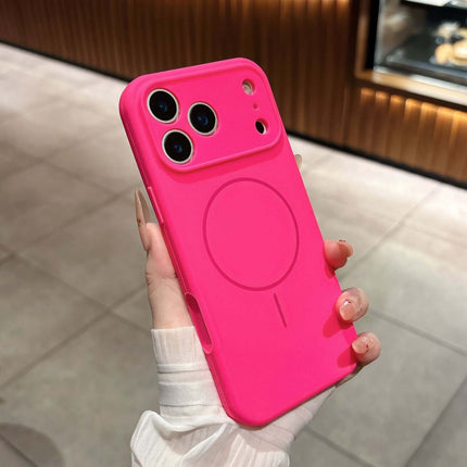 Fine Circle Magnetic Liquid Silicone Phone Case in bright pink color held in hand, showcasing its sleek design and magnetic feature.