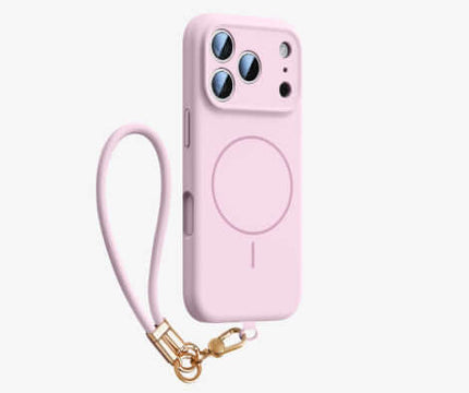 Fine Circle Magnetic Liquid Silicone Phone Case in pink with a detachable strap.