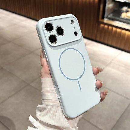 Fine Circle Magnetic Liquid Silicone Phone Case in light blue color, showcasing magnetic design and sleek profile in hand.
