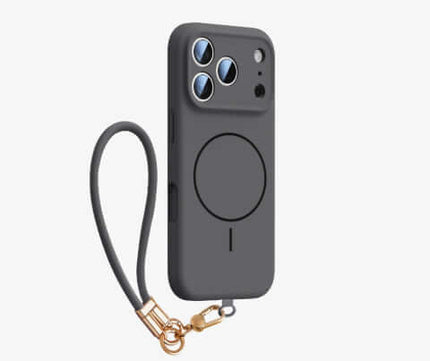 Fine Circle Magnetic Liquid Silicone Phone Case with strap in gray color showcasing camera cutouts.