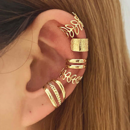 Five-Piece Ear Bone Clips Set showing golden leaf design details