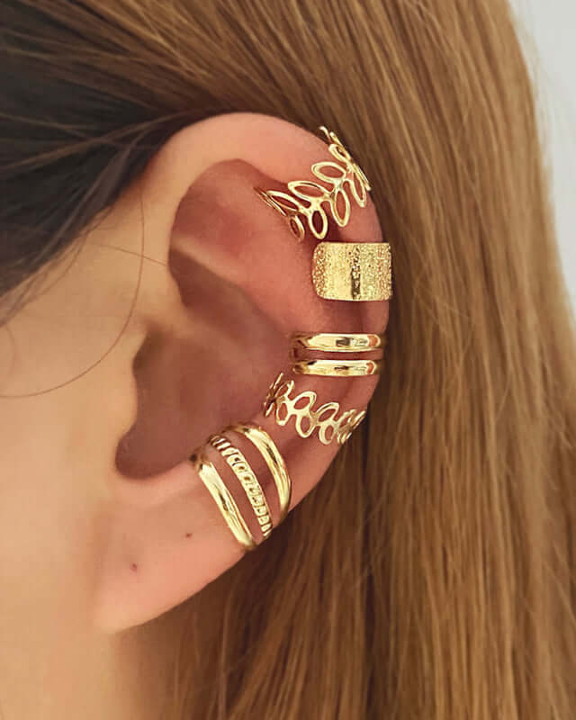 Five-Piece Ear Bone Clips Set showing golden leaf design details