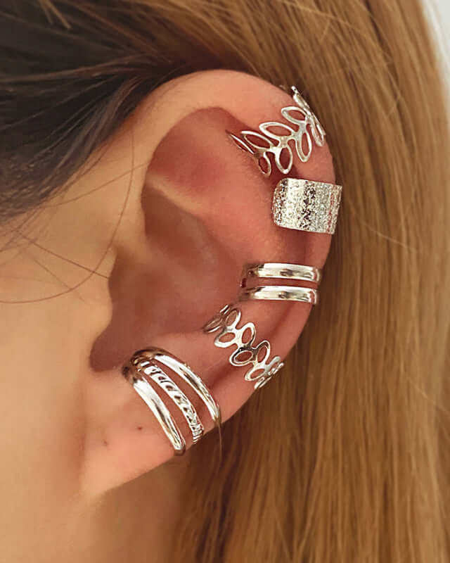 Five-Piece Ear Bone Clips Set being worn on non-pierced ears