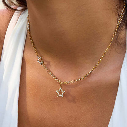 Five-Pointed Star Hollow Necklace flat lay photography on white background