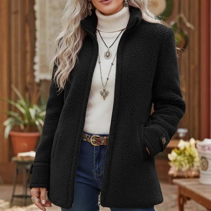 Fleece Zip-Up Jacket Women's Stand Collar Loose Outerwear worn by a woman with long hair in a cozy setting.