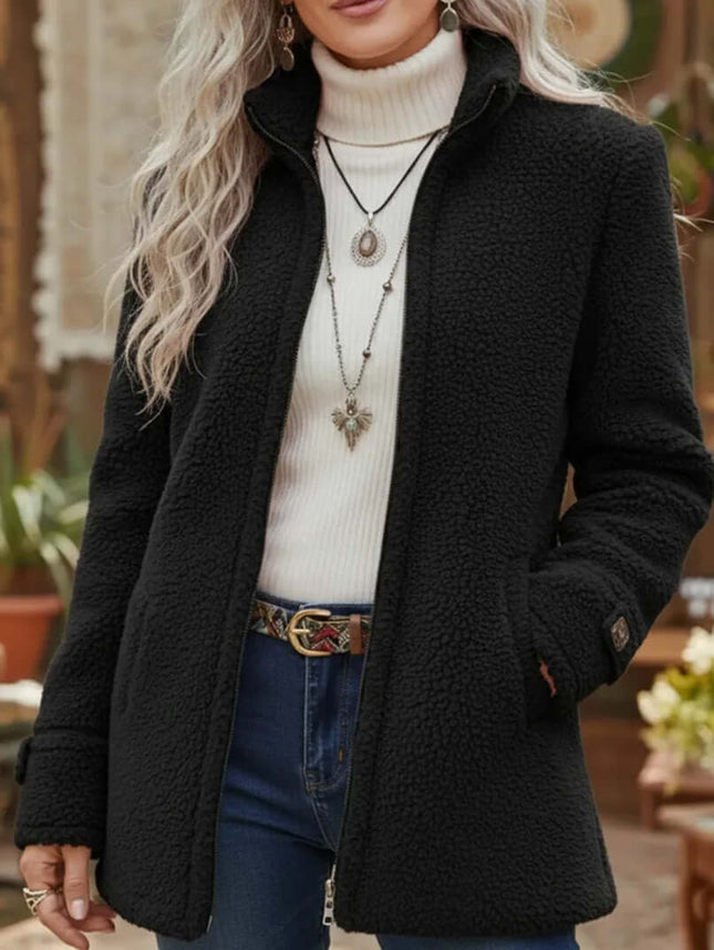Fleece Zip-Up Jacket Women's Stand Collar Loose Outerwear modeled by a woman with long hair and layered accessories.