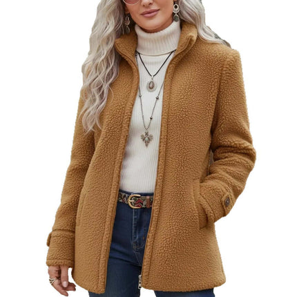 Fleece Zip-Up Jacket Women's Stand Collar Loose Outerwear worn by a model featuring a tan color and stylish accessories.