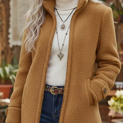 Fleece Zip-Up Jacket Women's Stand Collar Loose Outerwear in warm brown color, styled with a turtleneck and accessories.