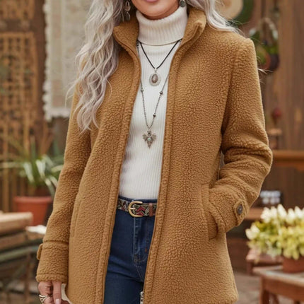 Fleece Zip-Up Jacket Women's Stand Collar Loose Outerwear on a model, styled with a turtleneck and accessories.