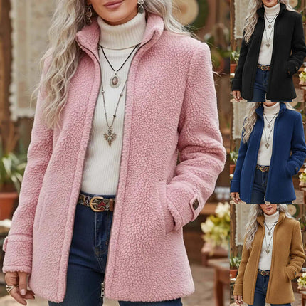 Fleece Zip-Up Jacket Women's Stand Collar Loose Outerwear in pink, black, blue, and brown, styled with a turtleneck.