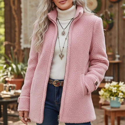 Fleece Zip-Up Jacket Women's Stand Collar Loose Outerwear in pink worn with a turtleneck and styled with jewelry.