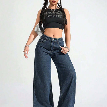 Floor Length Flared Straight Leg Denim Jeans For Women worn by a model with braids in a stylish pose.