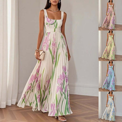 Floral Print Pleated Dress Summer A Line Sleeveless Midi Dress pink floral