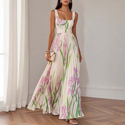Floral Print Pleated Dress Summer A Line Sleeveless Midi Dress S to 2XL sizes