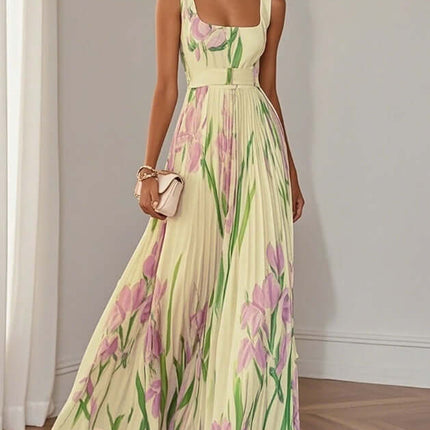 Floral Print Pleated Dress Summer A Line Sleeveless Midi Dress white pleated design