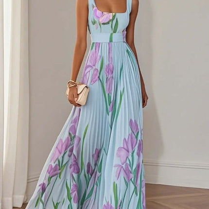 Floral Print Pleated Dress Summer A Line Sleeveless Midi Dress polyester midi dress