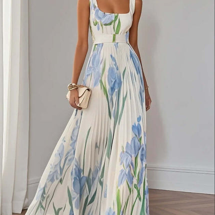 Floral Print Pleated Dress Summer A Line Sleeveless Midi Dress pink midi clothing