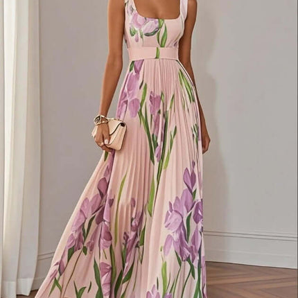 Floral Print Pleated Dress Summer A Line Sleeveless Midi Dress blue floral pleated