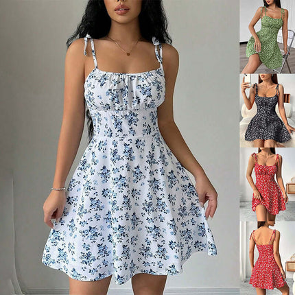 Floral Print Summer Sweet A Line Mini Dress on model, showcasing floral design and flowy skirt.