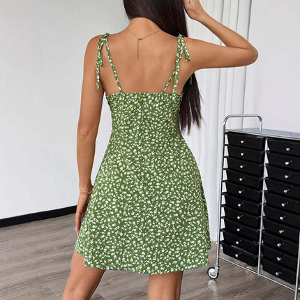 Floral Print Summer Sweet A Line Mini Dress showcasing a green floral pattern, perfect for summer occasions.