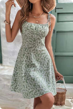 Floral Print Summer Sweet A Line Mini Dress worn by a model outdoors, featuring delicate floral patterns and a light green color.