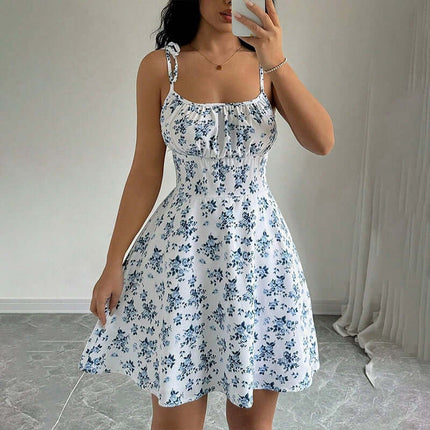 Floral Print Summer Sweet A Line Mini Dress on a model in a bright room.
