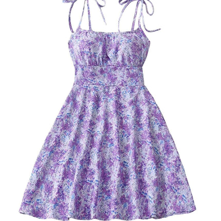Floral Print Summer Sweet A Line Mini Dress in purple with adjustable straps and flared skirt
