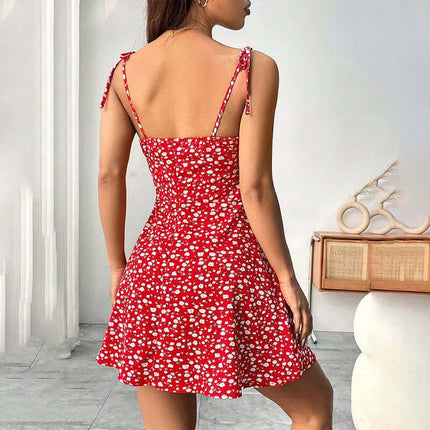 Floral Print Summer Sweet A Line Mini Dress worn by a model from the back in a bright red color with white flowers.