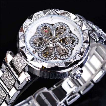 Forsining Mechanical Automatic Ladies Luxury Watch featuring a decorative floral design and sparkling accents.