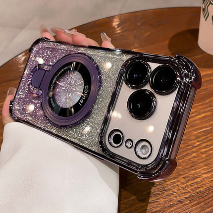 Four-Corner Airbag Drop-Proof Glitter Powder Phone Case in hand, showcasing its glitter design and camera cutout.