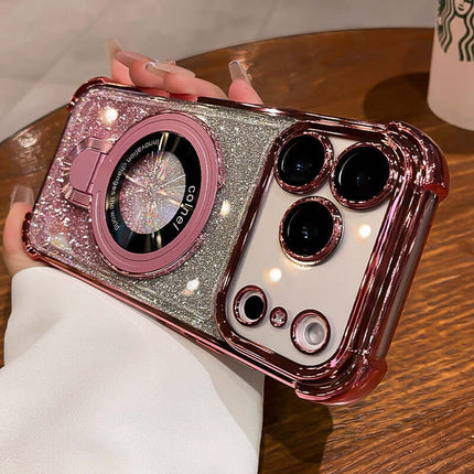 Four-Corner Airbag Drop-Proof Glitter Powder Phone Case in rose gold with sparkling design and camera cutouts.
