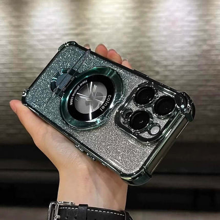 Four-Corner Airbag Drop-Proof Glitter Powder Phone Case in hand, showcasing its stylish glitter finish and lens protection.