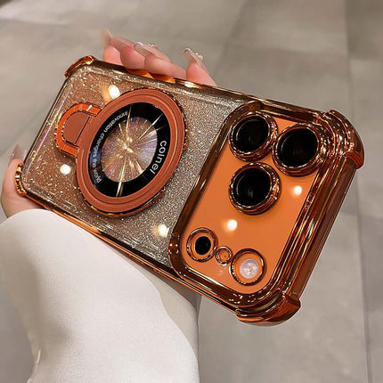 Four-Corner Airbag Drop-Proof Glitter Powder Phone Case held in hand, showcasing the shiny rose gold finish and sparkly glitter design.