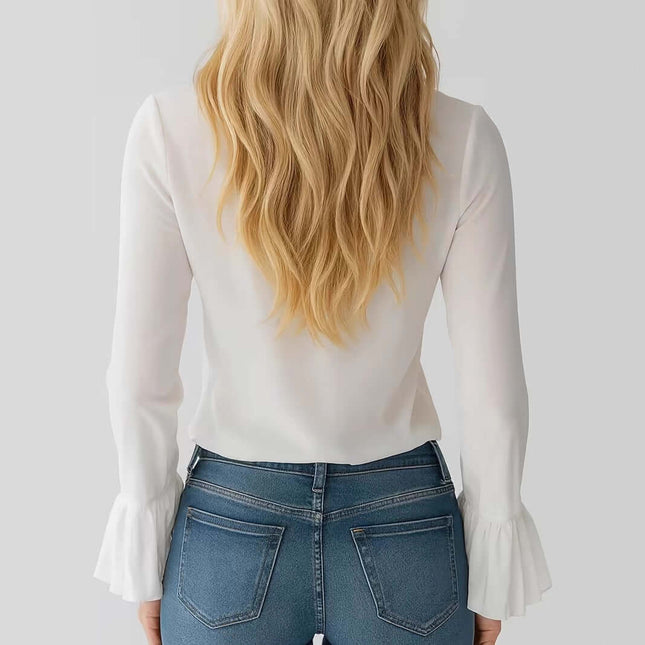 French Elegant V Neck Ruffle Blouse Puff Sleeves Top celebrity chic shirt