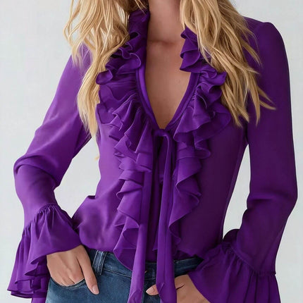 French Elegant V Neck Ruffle Blouse Puff Sleeves Top polyester fabric texture