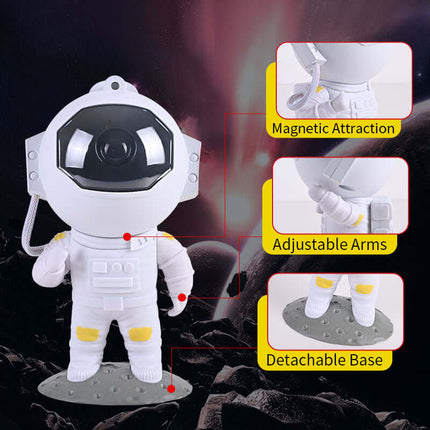 Galaxy Star Projector featuring an astronaut design with adjustable arms, detachable base, and magnetic attraction.