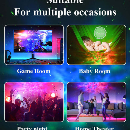 Galaxy Star Projector in a display for multiple occasions including game room, baby room, party night, and home theater.