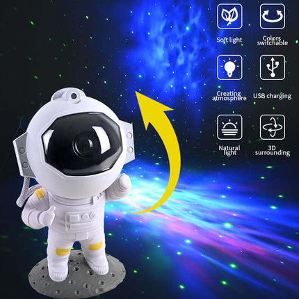 Galaxy Star Projector featuring an astronaut figurine, projecting colorful nebula effects and green stars.